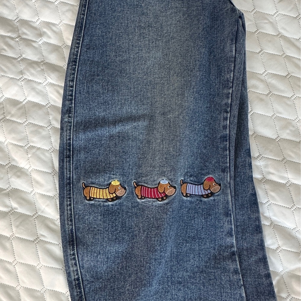 Aelfric Eden Dog Embroidery Jeans 30 Blue New Wide Leg Baggy Dachshund - Picture 4 of 7
